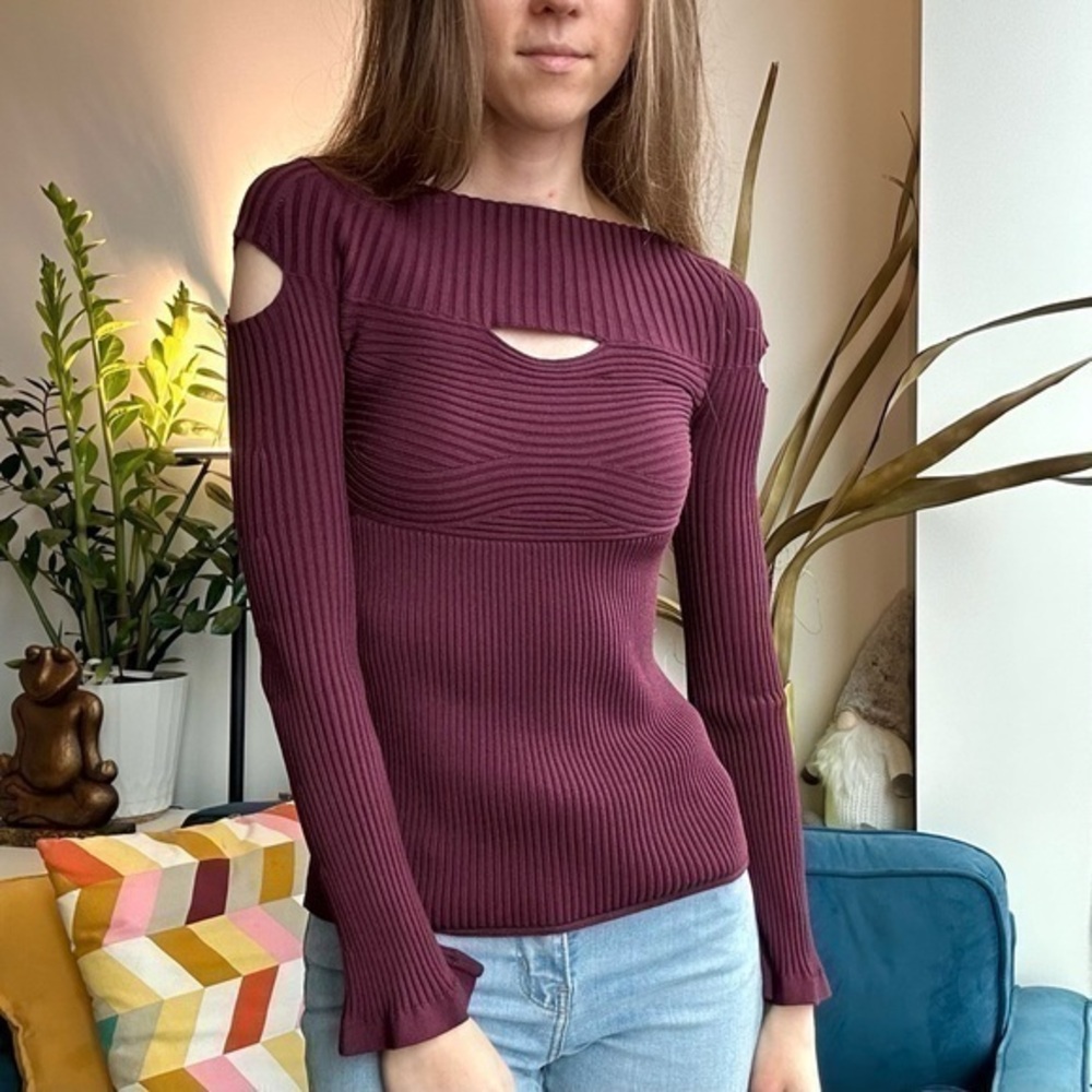 Cushnie et Ochs Daria Cut Out Purple Ribbed Slim Long Sleeve Top XS